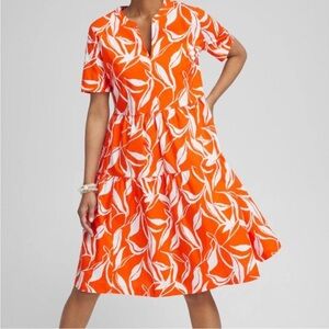 Chicos Orange Poplin Leaf Print Dress 16 Cotton Vibrant Floral Tiered Midi Dress
